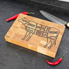 Load image into Gallery viewer, Engraved Oak Cutting Board with Cow Design, Personalised Kitchen &amp; BBQ Gift for Meat Lovers