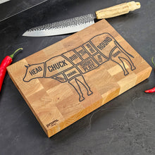 Load image into Gallery viewer, Engraved Oak Cutting Board with Cow Design, Personalised Kitchen &amp; BBQ Gift for Meat Lovers