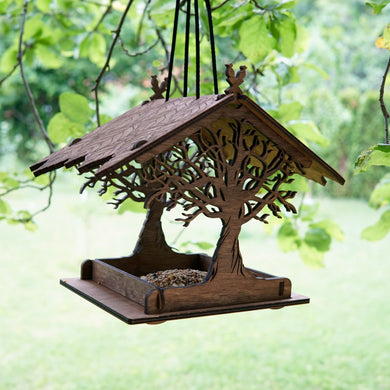Hanging Wooden Bird Feeder with Laser-Cut Design, Outdoor Bird Feeding Station for Gardens and Patios