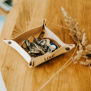 Leather valet tray with personalization