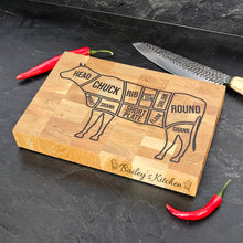Load image into Gallery viewer, Engraved Oak Cutting Board with Cow Design, Personalised Kitchen &amp; BBQ Gift for Meat Lovers