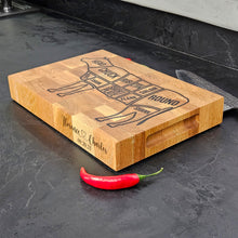 Load image into Gallery viewer, Engraved Oak Cutting Board with Cow Design, Personalised Kitchen &amp; BBQ Gift for Meat Lovers