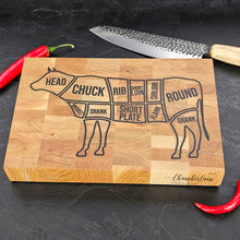 Load image into Gallery viewer, Engraved Oak Cutting Board with Cow Design, Personalised Kitchen &amp; BBQ Gift for Meat Lovers