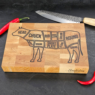 Engraved Oak Cutting Board with Cow Design, Personalised Kitchen & BBQ Gift for Meat Lovers