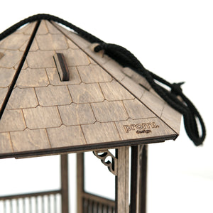 Wooden gazebo-shaped, gray bird feeder