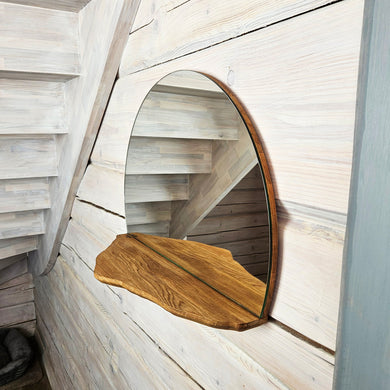 Mountain-Shaped Oak Mirror with Shelf, Rustic Handmade Wall Accent