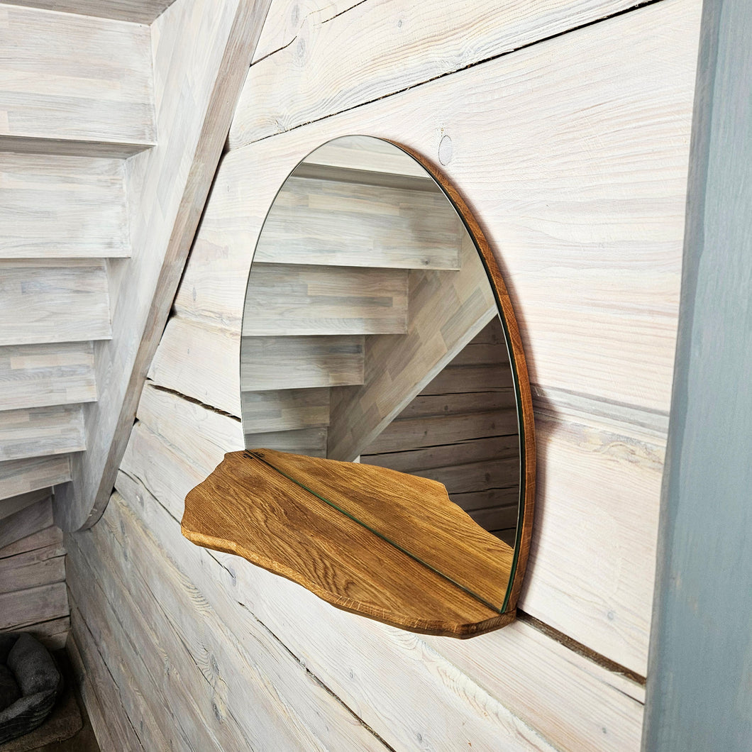 Mountain-Shaped Oak Mirror with Shelf, Rustic Handmade Wall Accent