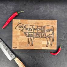 Load image into Gallery viewer, Engraved Oak Cutting Board with Cow Design, Personalised Kitchen &amp; BBQ Gift for Meat Lovers