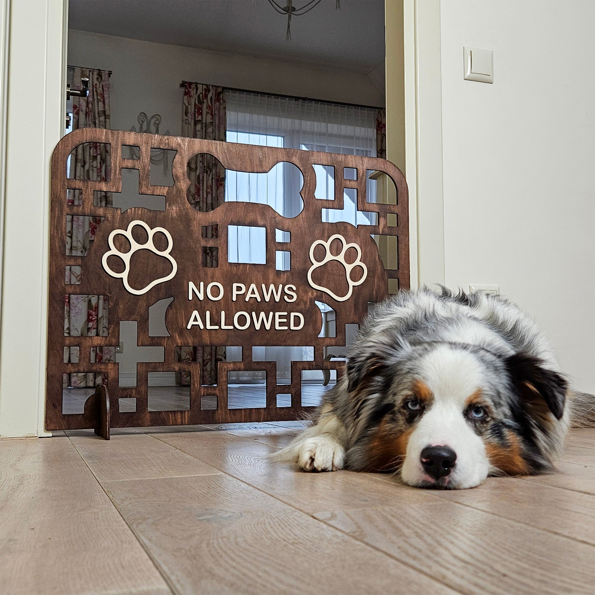 Personalized Wooden Dog Stopper, No-Drill Pet Barrier for Doorways