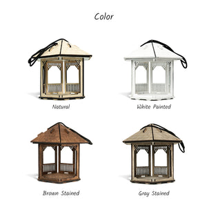 Wooden gazebo-shaped, gray bird feeder