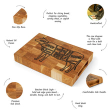 Load image into Gallery viewer, Engraved Oak Cutting Board with Cow Design, Personalised Kitchen &amp; BBQ Gift for Meat Lovers