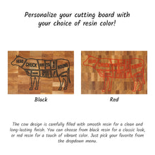Load image into Gallery viewer, Engraved Oak Cutting Board with Cow Design, Personalised Kitchen &amp; BBQ Gift for Meat Lovers