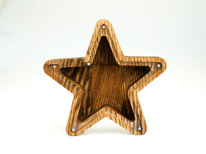 Wooden Piggy Bank Star (M, Brown, Engraving)