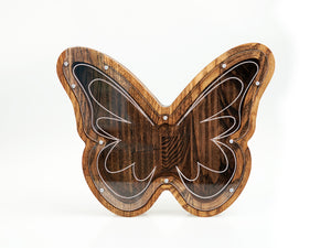 Wooden Piggy Bank Butterfly (M, Brown, Engraving)