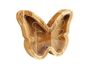 Wooden Piggy Bank Butterfly (L, Brown, Engraving)