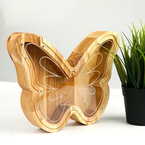 Wooden Piggy Bank Butterfly (L, Brown, Engraving)