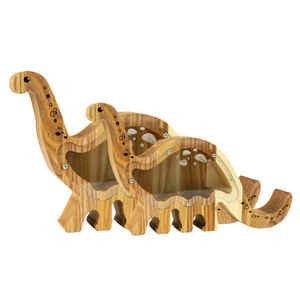 Wooden Piggy Bank Dinosaur (M, Brown, Engraving)